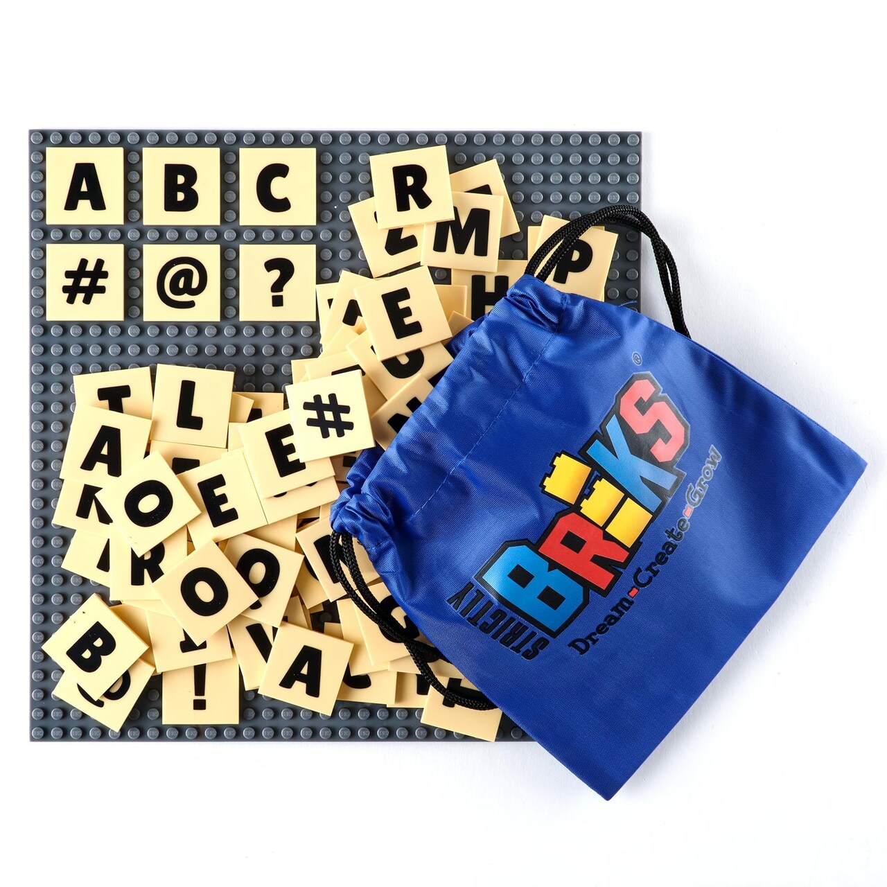 Strictly Briks AlphaBriks and 10x10 Grey Baseplate, 100 Pieces, 2x2 Alphabet Letter Bricks, Easy to Remove, Fun and Educational Tool, 100% Compatible with All Major Brands